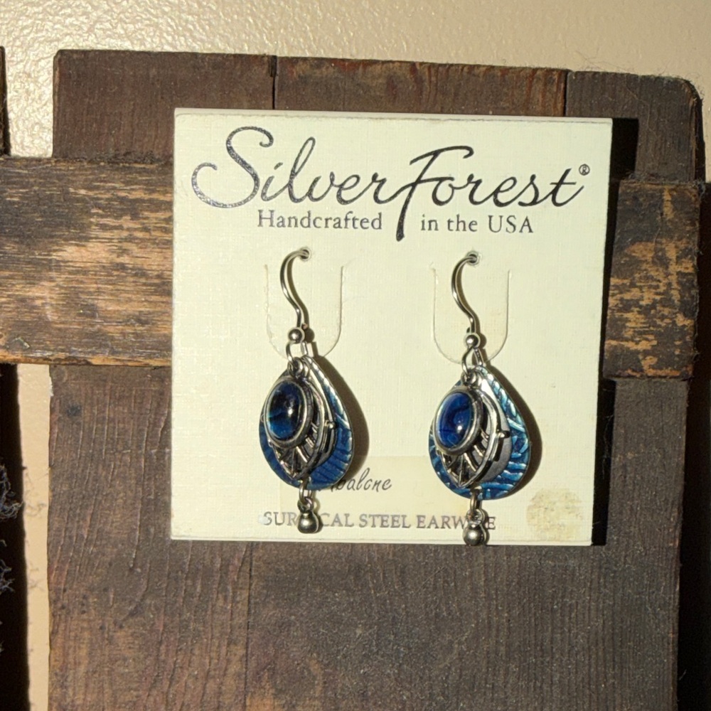 NEW Silver Forest Blue and Silver Leaf Earrings Abalone Drop Dangle Earrings